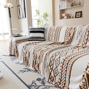 Bohemian Tufted Sofa Cover, Plush Sherpa Throw Blanket with 3D Woven Aztec Stripes