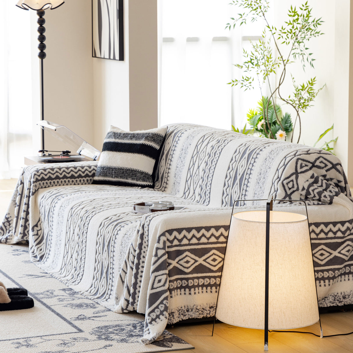 Bohemian Tufted Sofa Cover, Plush Sherpa Throw Blanket with 3D Woven Aztec Stripes