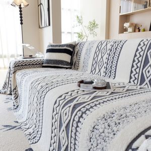Bohemian Tufted Sofa Cover, Plush Sherpa Throw Blanket with 3D Woven Aztec Stripes