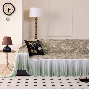 Elegant Botanical Sofa Cover with Pleated Tulle Skirt, Vintage Floral Couch Protector