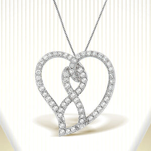 14K White Gold 1.0 Cttw White Diamond Awareness Ribbon & Open Heart 18" Pendant Necklace (H-I Color, I1-I2 Clarity) - White Diamond Ribbon
