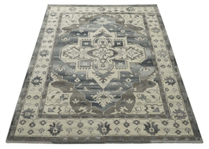 Custom Made Hand Knotted Ivory, Charcoal and Gray Traditional Medallion Natural Wool Area Rug, Kids, Living Room and Bedroom Rug