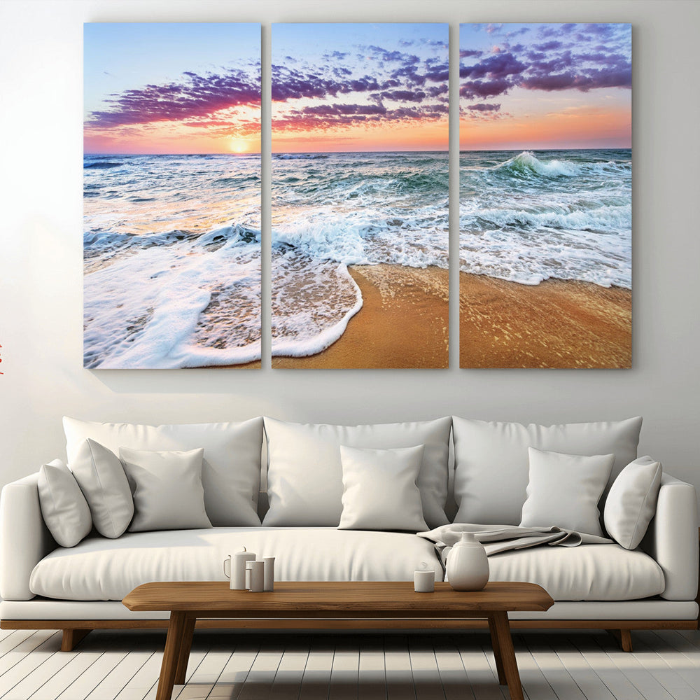 Coastal Sunset Art Beach Canvas Wall Art Print | Ocean Waves