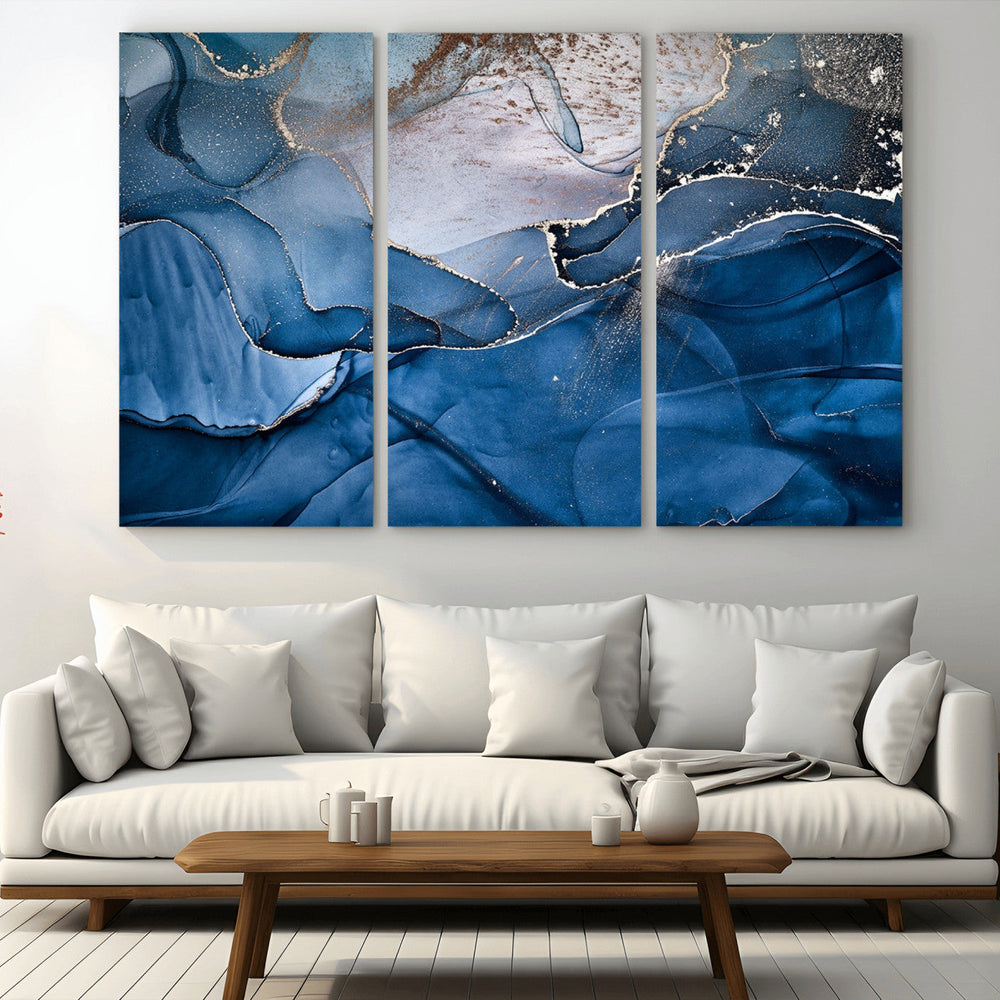 Navy Blue Canvas Art Abstract Print – Elegant Triptych