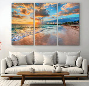 Sunset Ocean Waves on Tropical Beach, 3-Panel Giclee Canvas