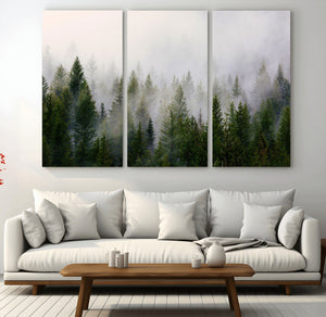 Misty Pine Forest Wall Art Canvas Print | 3 Panel Green