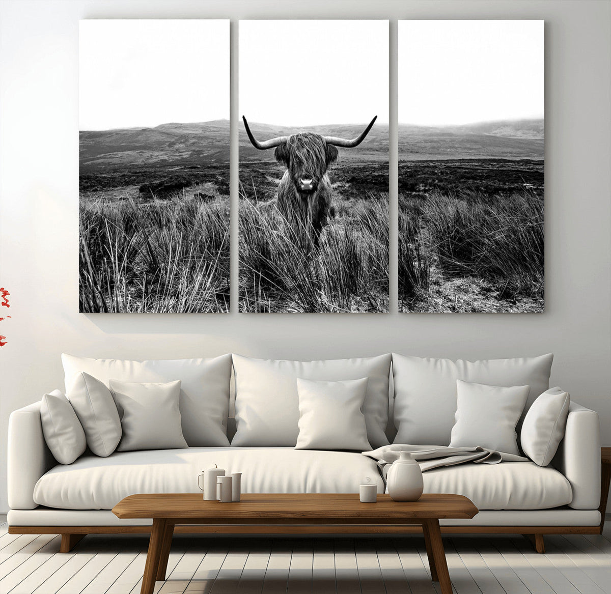Black and White Highland Cow Canvas Wall Art, Longhorn