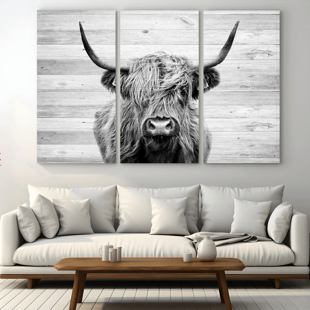 Scottish Highland Cow Cattle Art Print on Wood Background