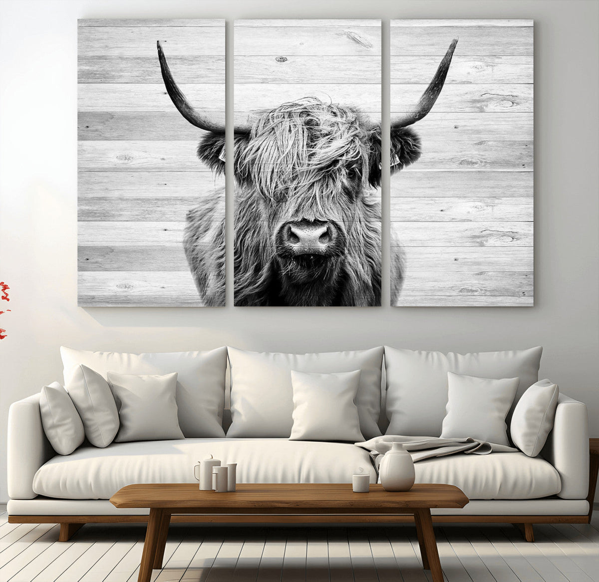 Scottish Highland Cow Cattle Art Print on Wood Background