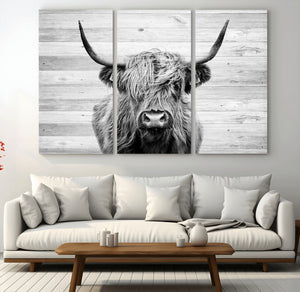 Scottish Highland Cow Cattle Art Print on Wood Background