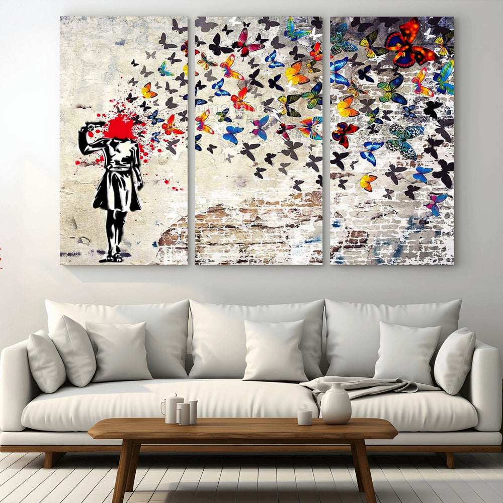 Banksy Art Butterfly Girl Explosion Canvas Art – Vibrant