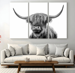 Grayscale Scottish Highland Cow Cattle Art Print Farmhouse