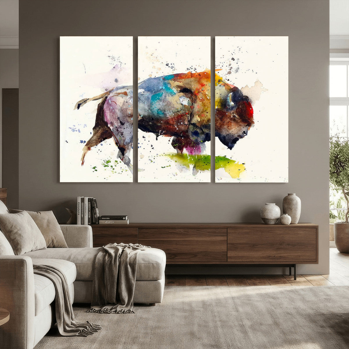 Abstract Buffalo Wall Art, Western Watercolor Bison Canvas