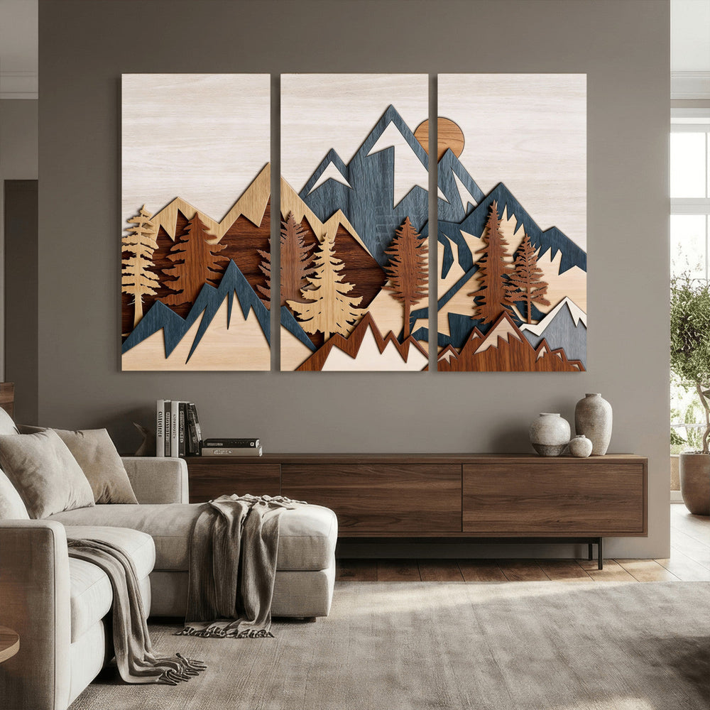 Woodland Mountain Landscape Triptych, Giclee Canvas Art for