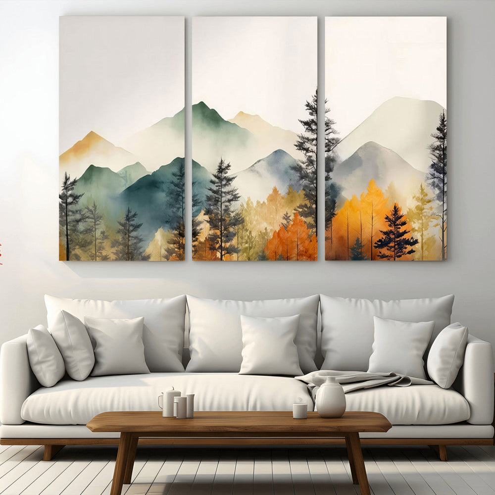 Abstract Watercolor Mountains and Trees Autumn Wall Art,