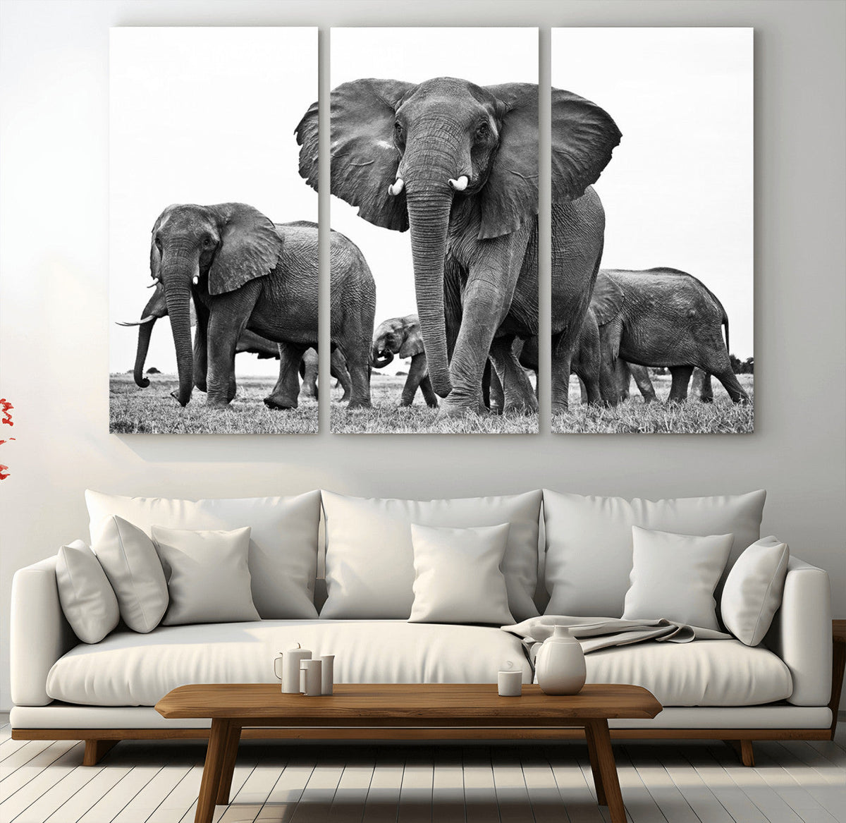 Black White Elephant Family Wall Art Canvas Print