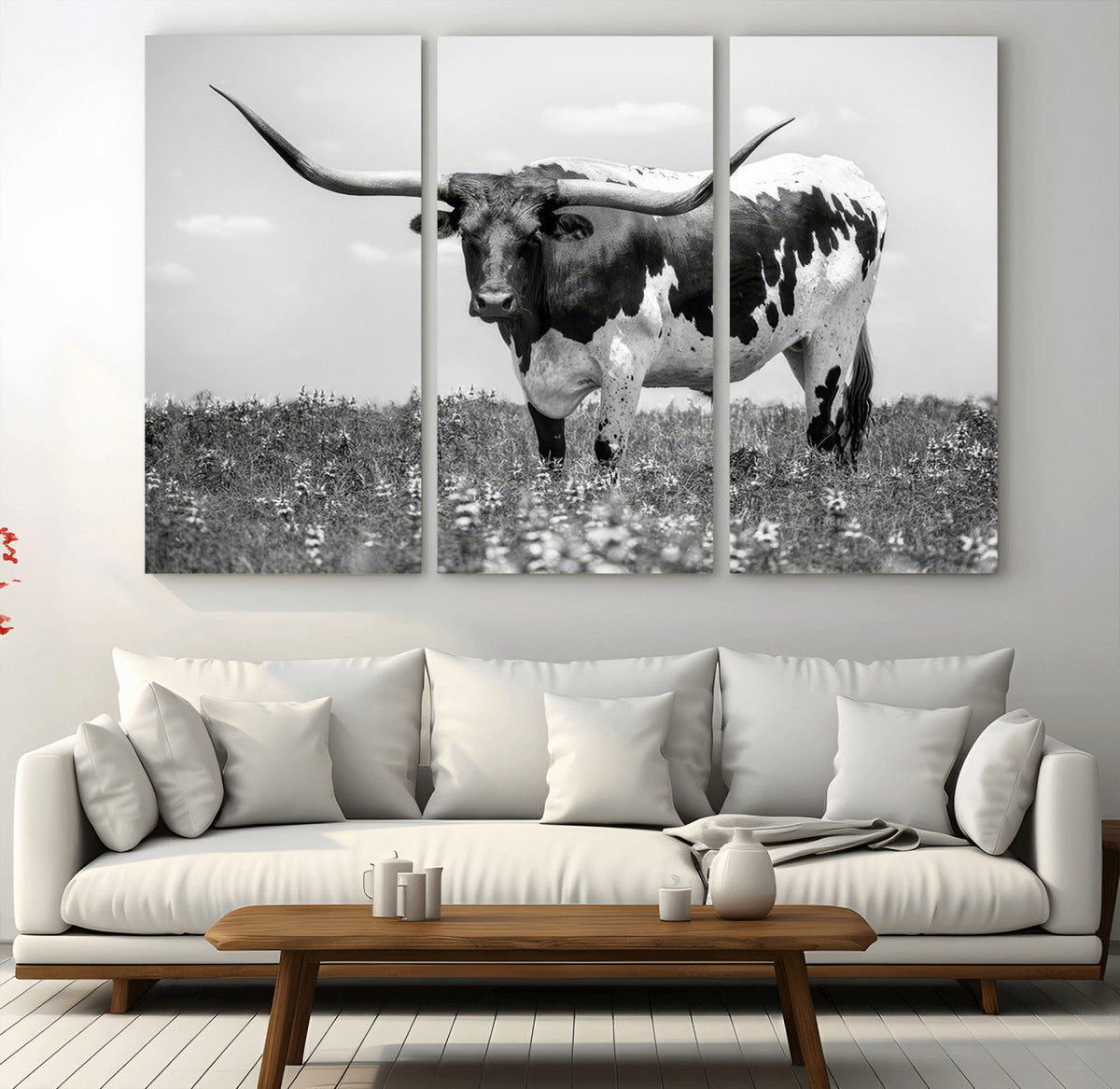 Texas Black White Highland Longhorn Cow Wall Art Canvas