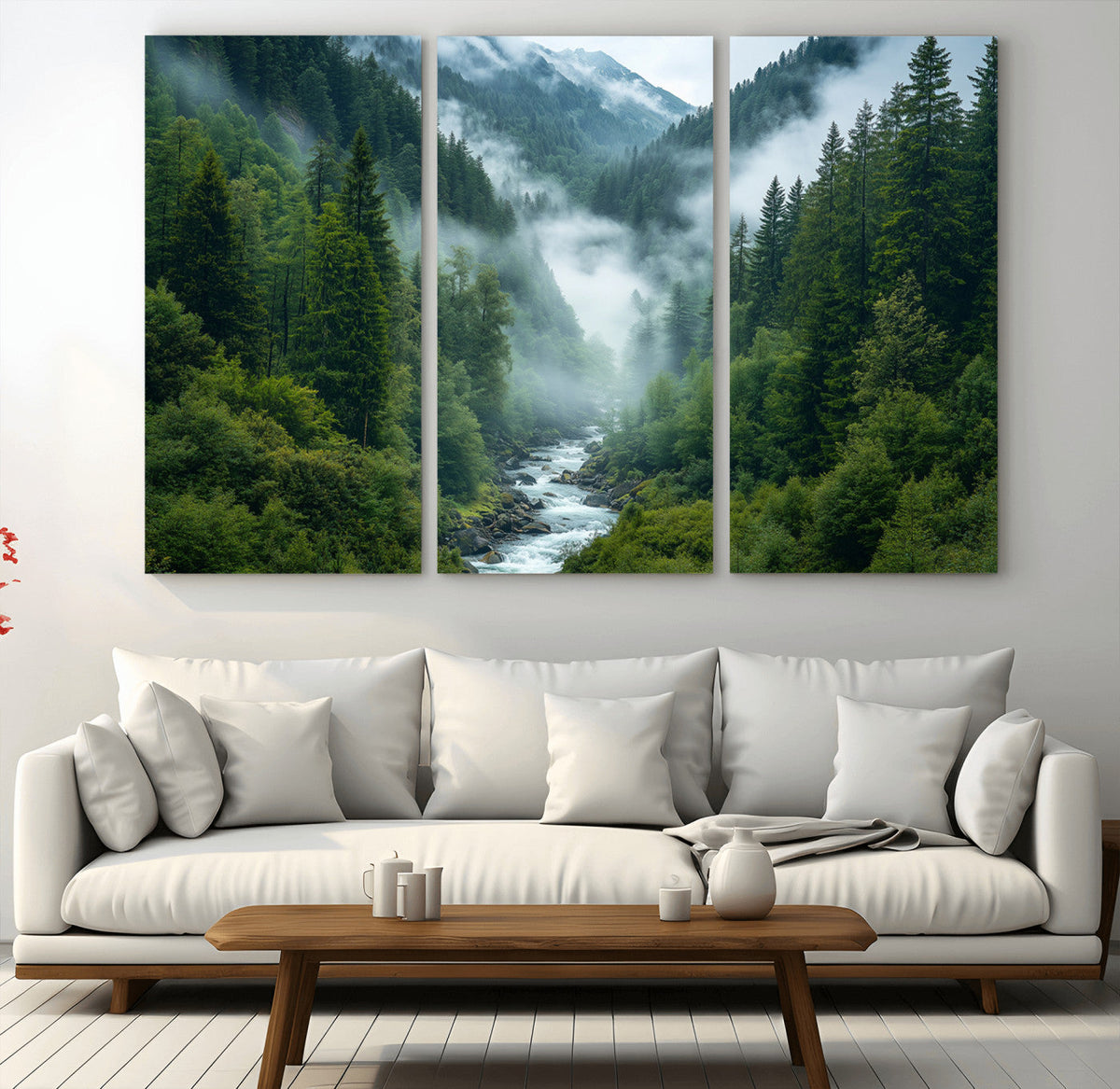 Mountain Forest River Canvas Wall Art Print - Serene Nature