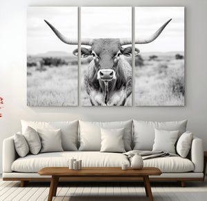 Highland Cow Wall Art Canvas Print – Black and White Western