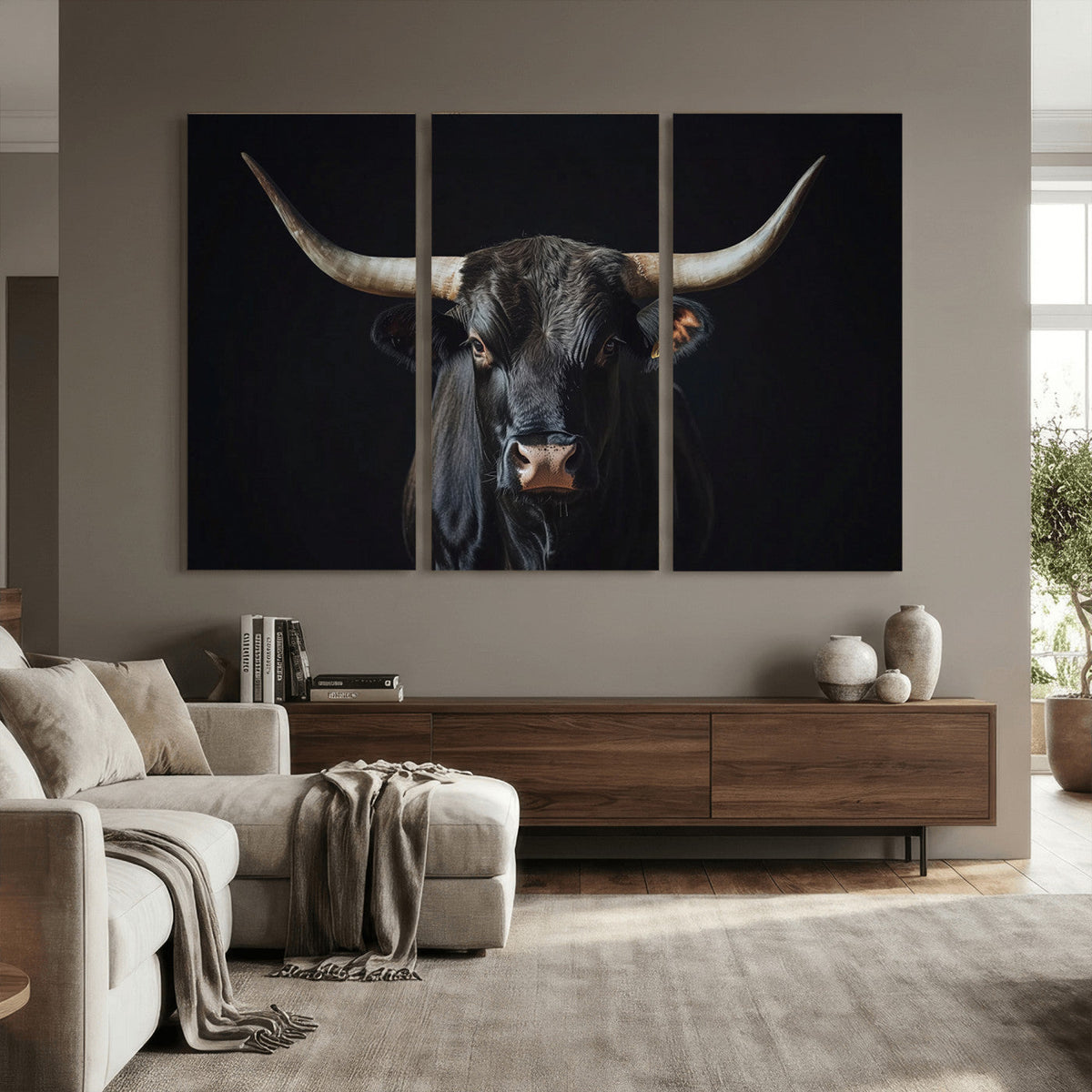 Majestic Longhorn Bull Wall Art Canvas Print – Dark