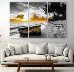 Yellow Rowboat Wall Art – Framed Tropical Shoreline Canvas