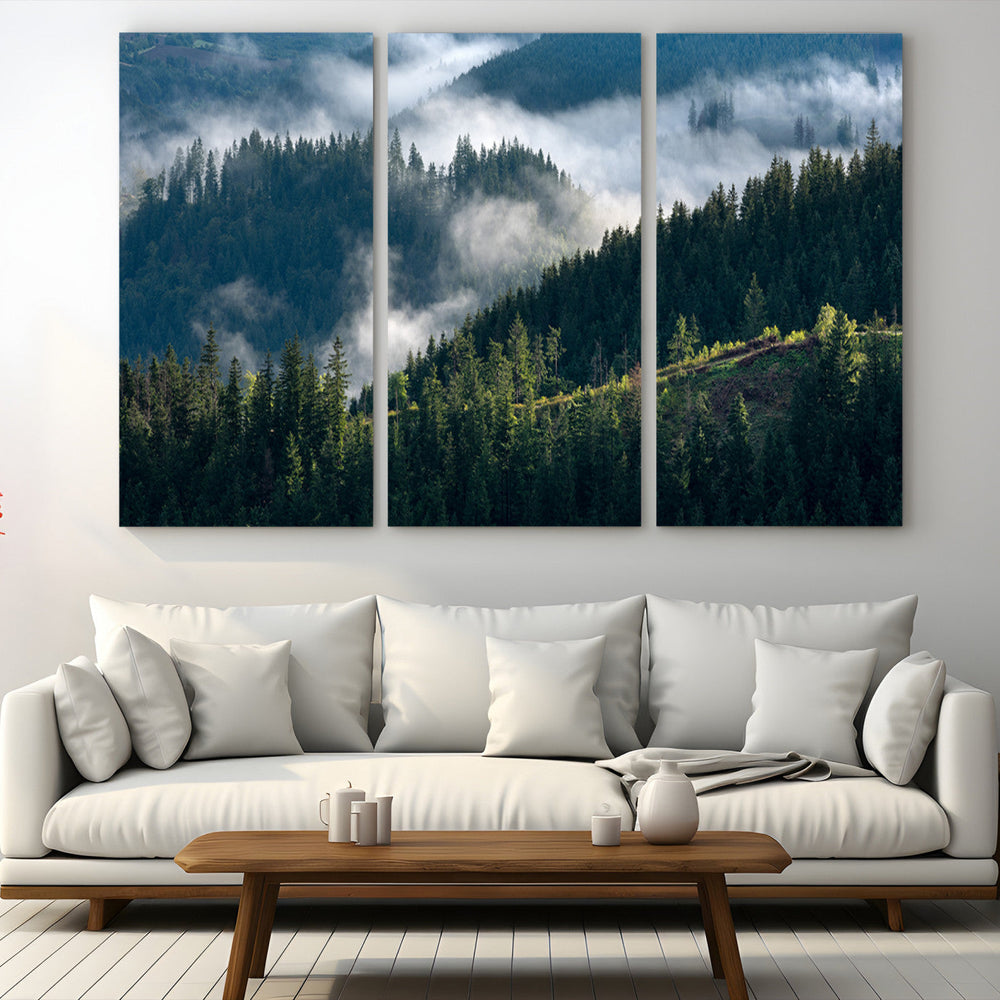 Misty Forest Wall Art Canvas Print – Pine Hills Foggy Trees