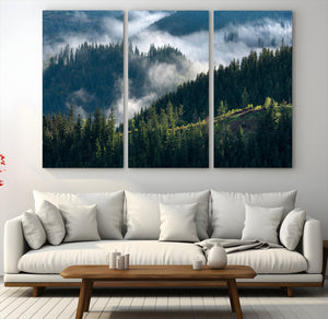 Misty Forest Wall Art Canvas Print, Serene Pine Hills and