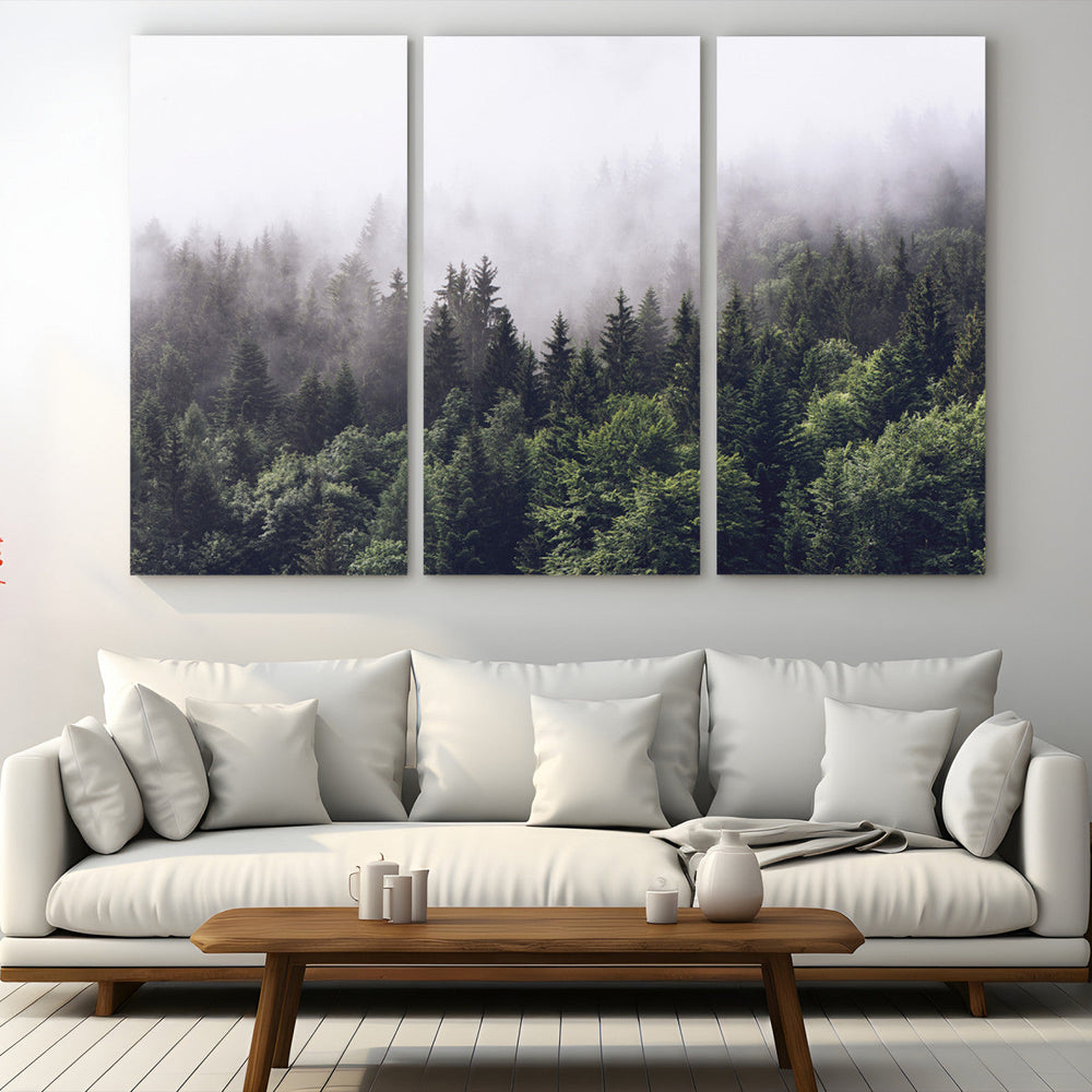 Misty Forest Wall Art Canvas Print, Serene Foggy Pines and