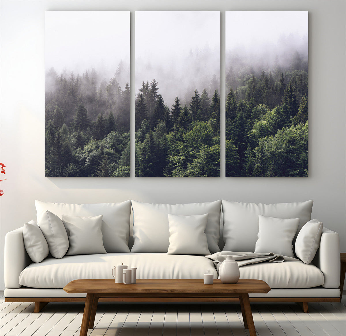 Misty Forest Wall Art Canvas Print, Serene Foggy Pines and