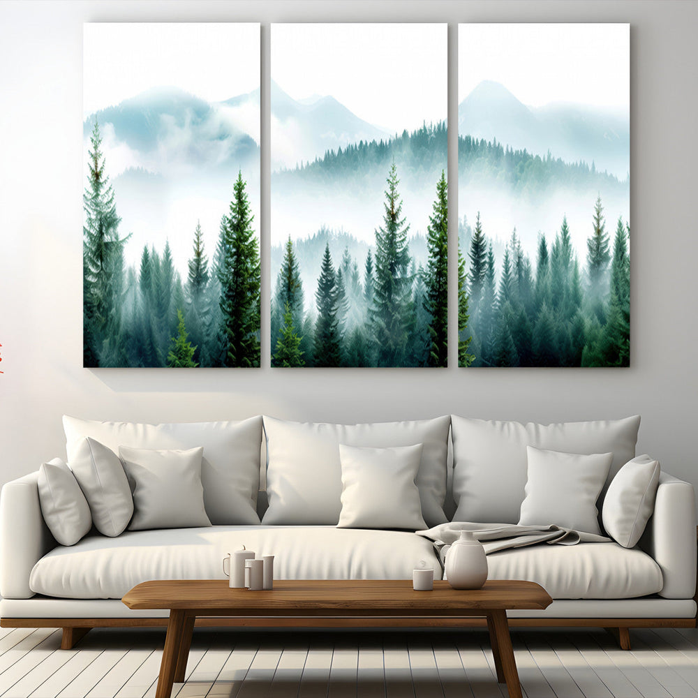 Pine Forest Wall Art Canvas Print – Misty Mountains Foggy