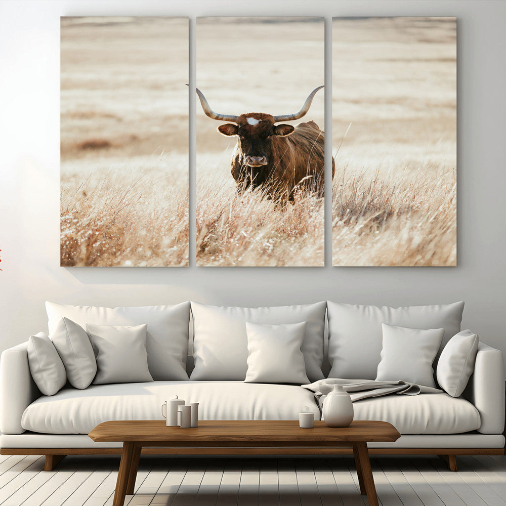 Texas Longhorn Wall Art Canvas Print – Framed Brown Horned