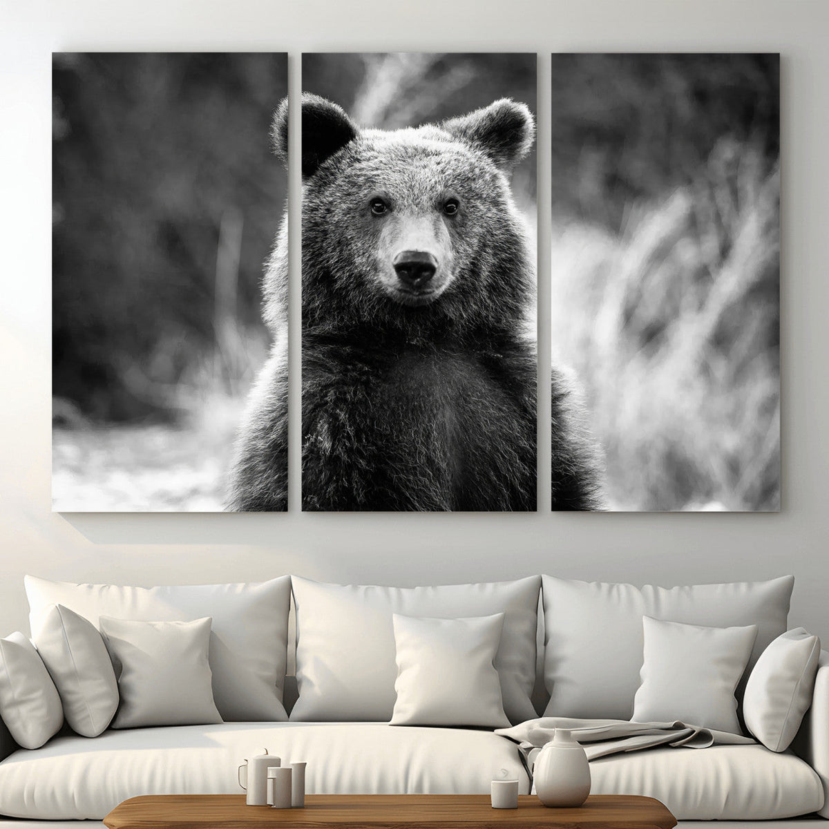 Grizzly Bear Wall Art Canvas Print – Framed Black White