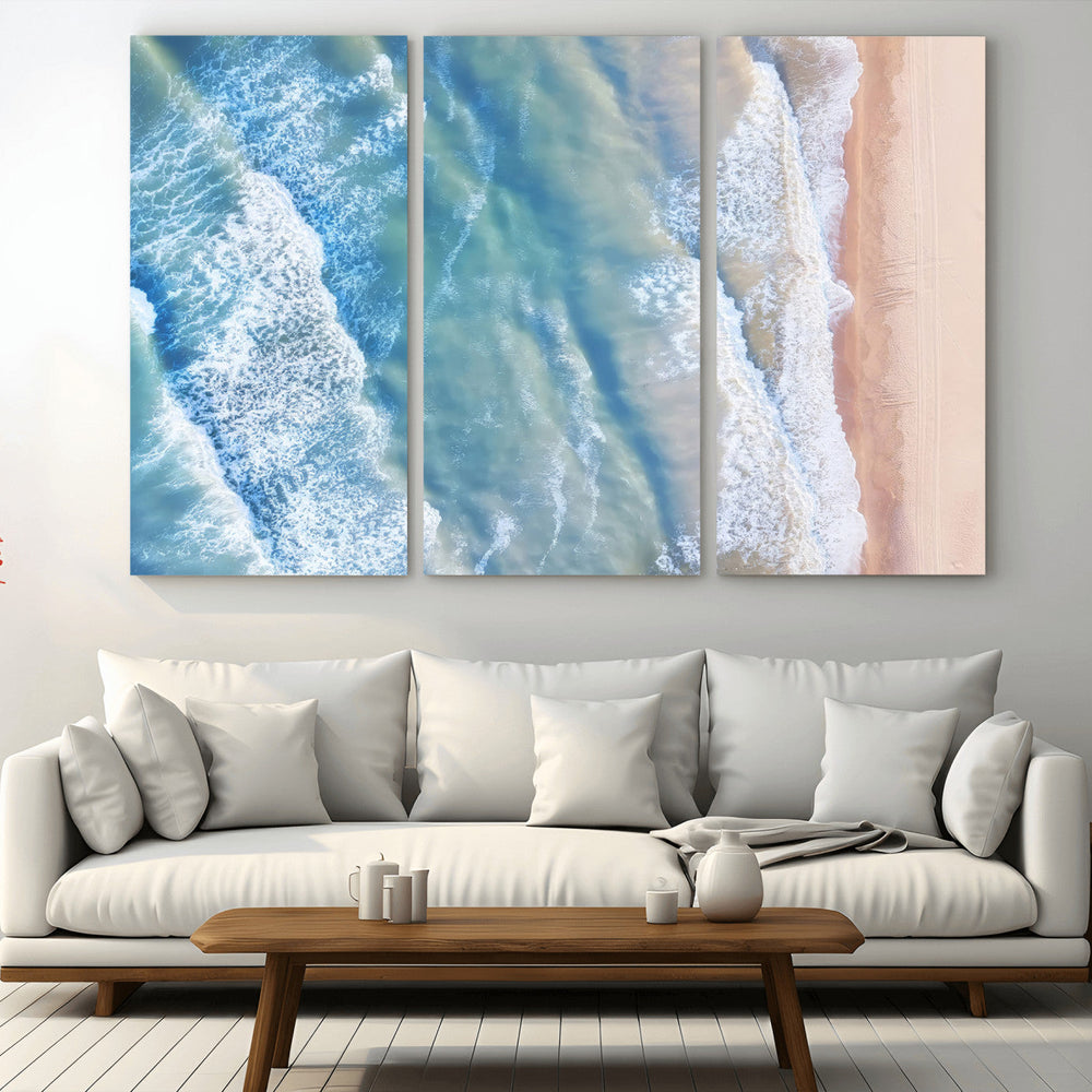 Aerial Ocean View Wall Art Canvas Print – Framed Soft Blue