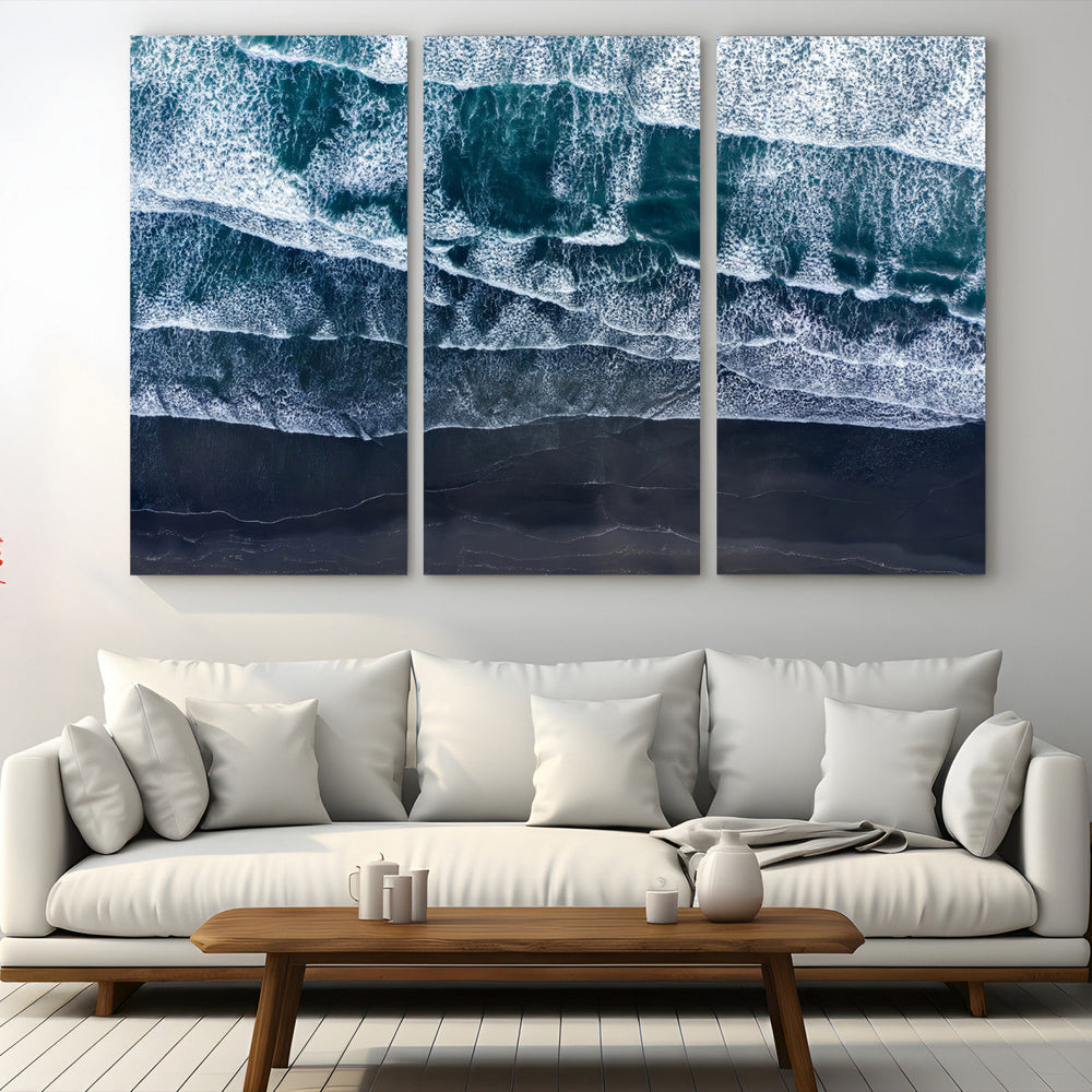 Black Beach Wall Art Canvas Print – Framed Aerial Ocean View