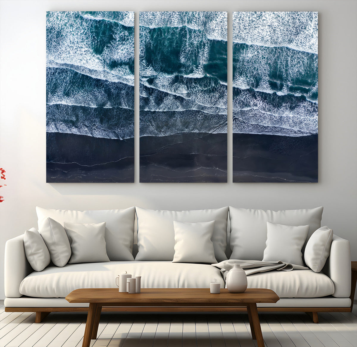 Black Beach Wall Art Canvas Print – Framed Aerial Ocean View