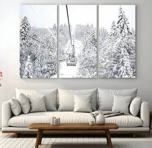 Snowy Ski Lift Wall Art – Framed Winter Mountain Canvas