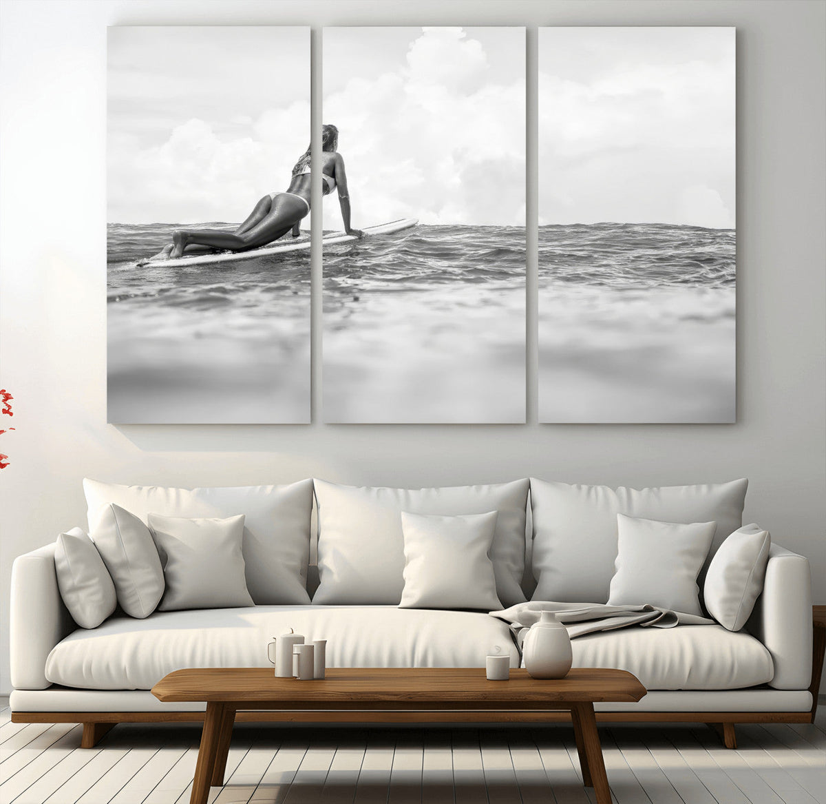 Black and White Surfing Wall Art Canvas Print – Framed Ocean
