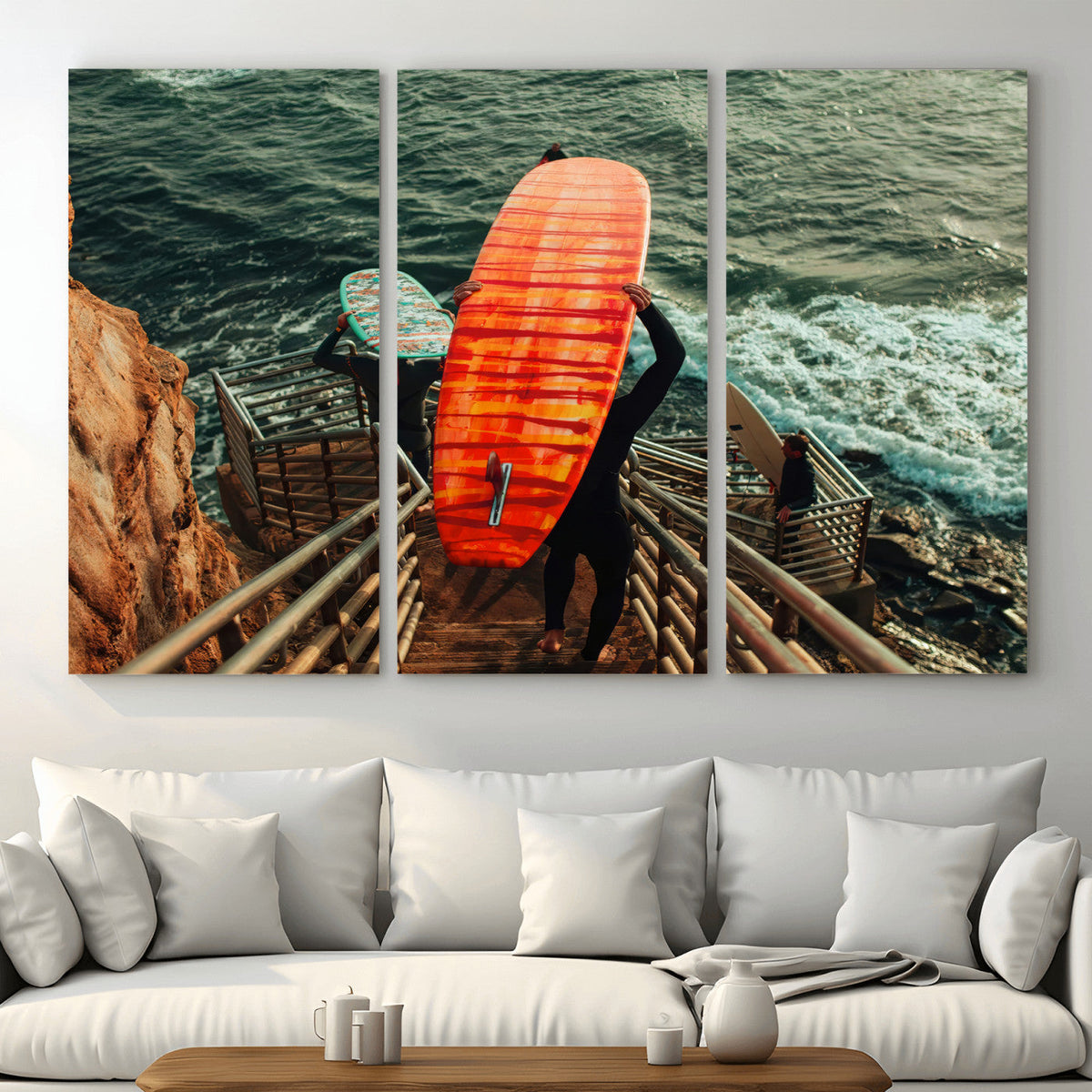 Surfer Stairway Wall Art – Framed Ocean Surf Canvas Artwork,