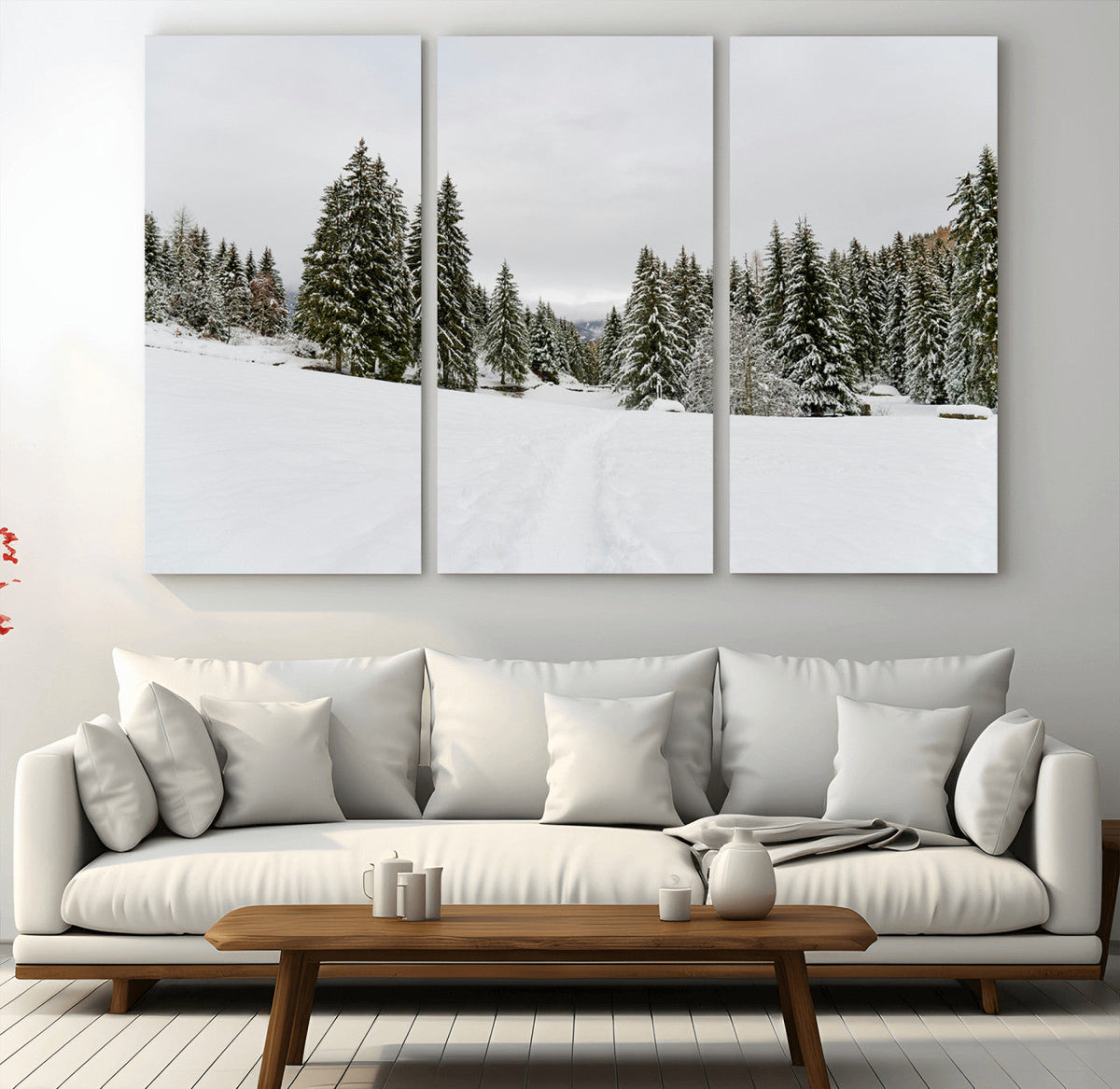Frosty Pines Wall Art Canvas Print – Framed Silent Snowfall