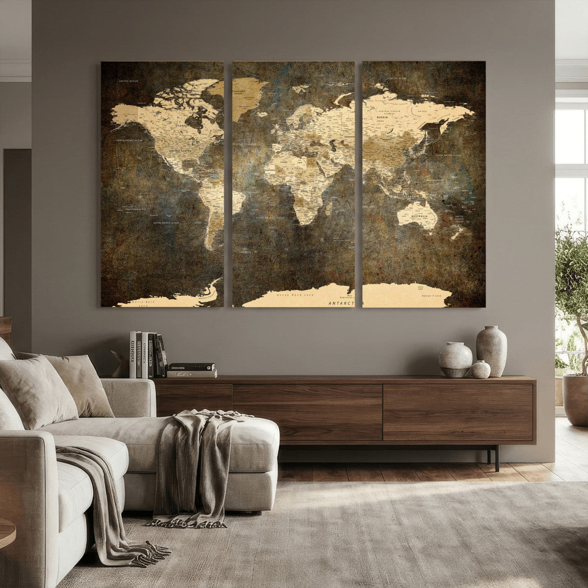 Large Framed Vintage World Map Wall Art Print for Home Wall