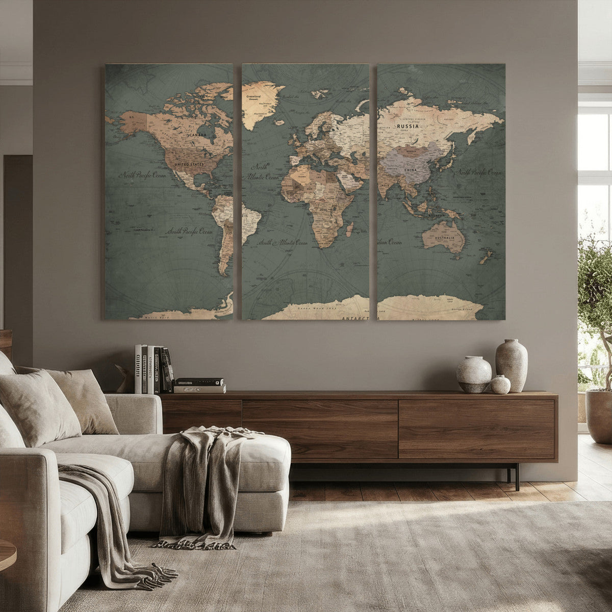 Rustic Black and Wood World Map Canvas Wall Art – Framed