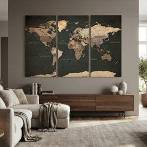 Vintage World Map Canvas Wall Art – Framed Travel Map for