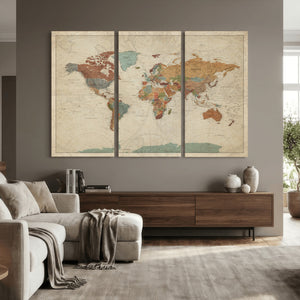 Vintage World Map Canvas Wall Art Print – Framed Modern