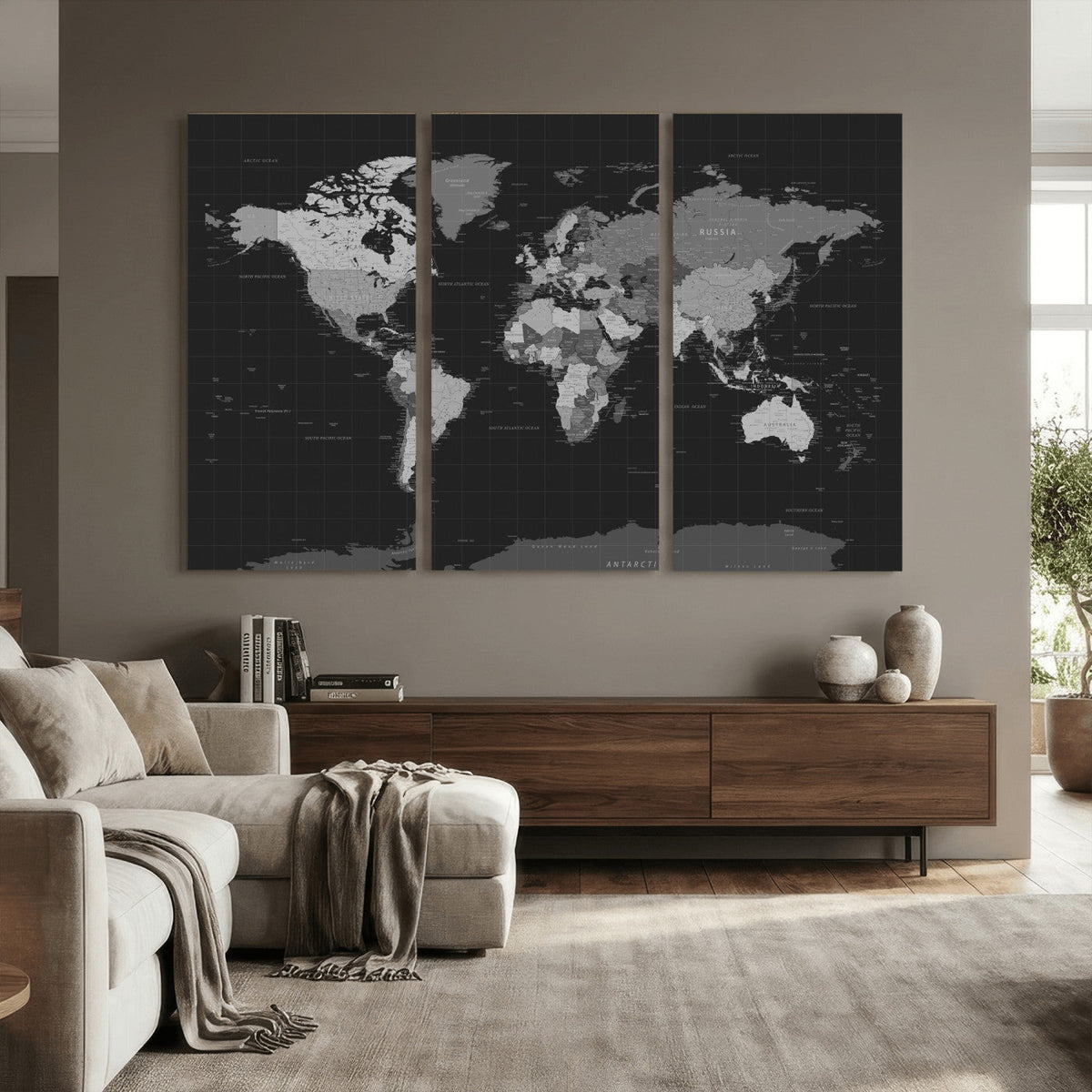 Black World Map Wall Art Canvas Print – Detailed Map of the
