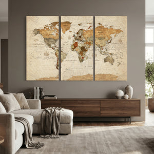 Rustic Vintage World Map Canvas Print – Framed Modern