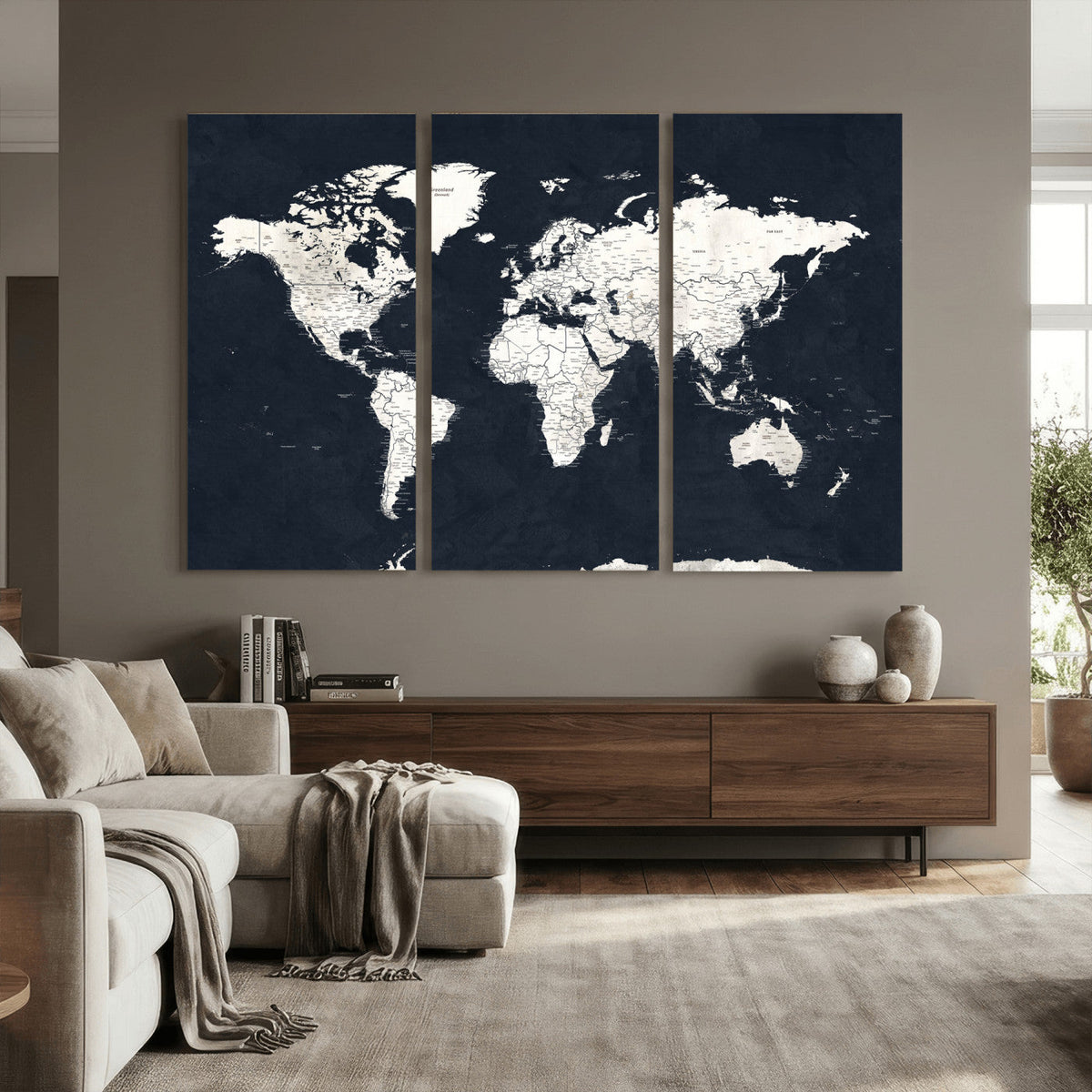 Black World Map Wall Art Canvas Print for Home Office and