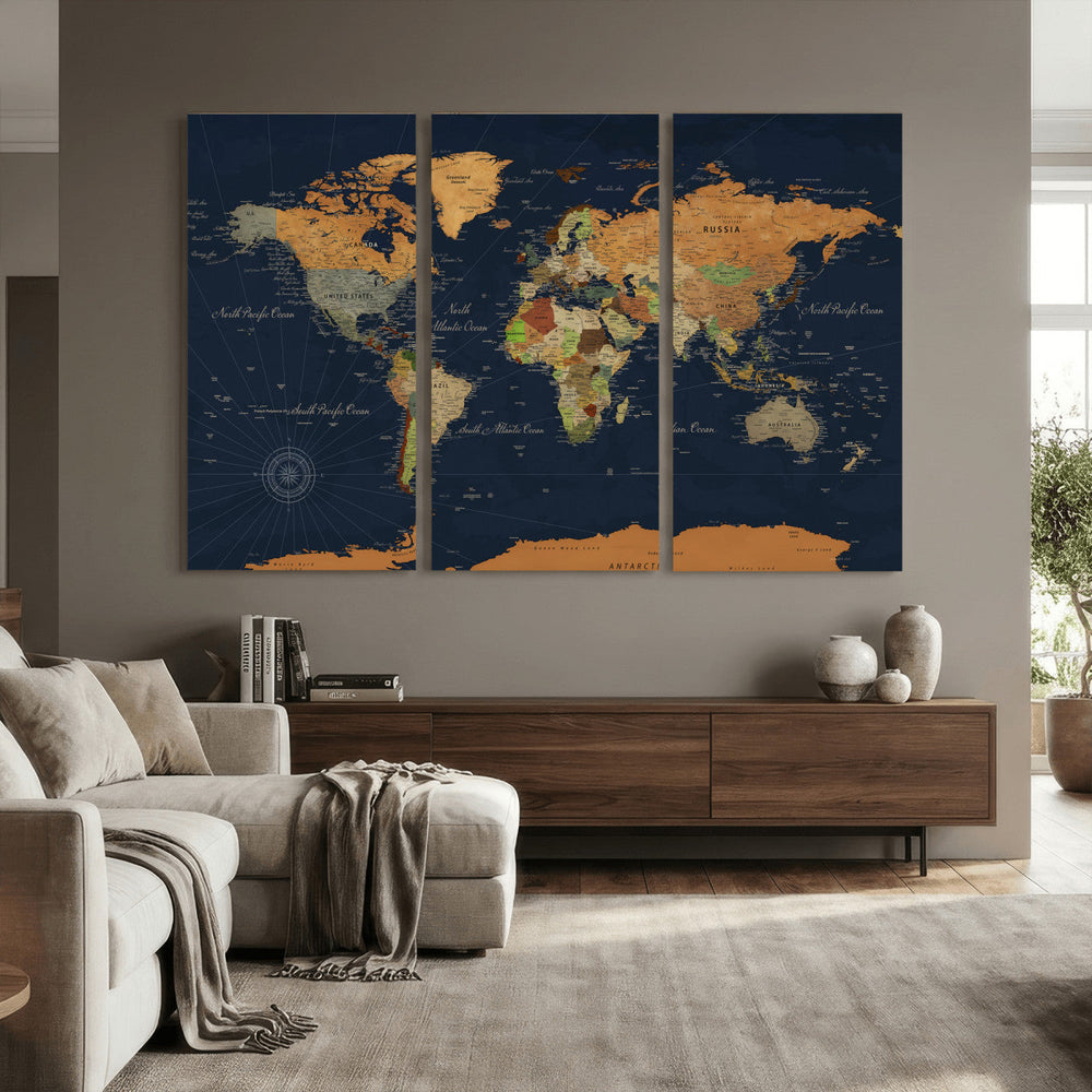 Modern World Map Canvas Print – Framed Detailed Map of the