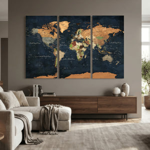 Vintage World Map Canvas Wall Art – Detailed Map with