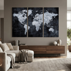 Black World Map Canvas Print – Detailed Map for Couples and