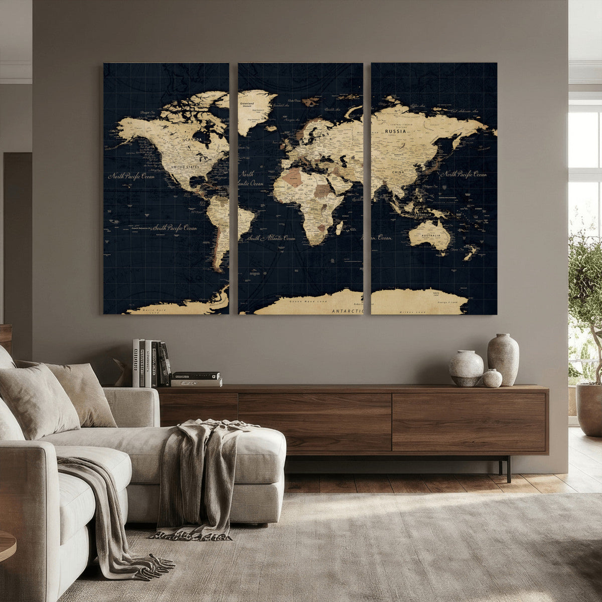 Dark World Map Canvas Wall Art Print, Minimal Black and Gold
